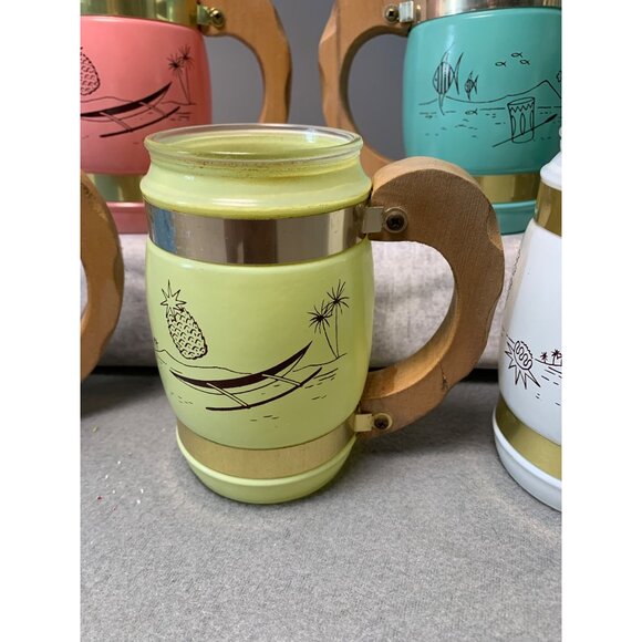 Vintage Siesta Ware Frosted Tiki Mugs With Wood & Brass Handles - 5 Rainbow Colo - Picture 4 of 13